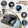 A collage of images showcasing the features of a gray L-shaped sofa. Produktbild-Vorschau