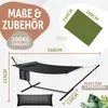 Diagram showing dimensions and features of a hammock with a stand. Produktbild-Vorschau