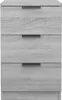 A front view of a gray wood-grain effect three-drawer nightstand against a white background. Produktbild-Vorschau