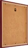 The back of a picture frame is shown, with the frame itself being a deep red color and the backing a light brown MDF material. A black hanging hook is visible at the top center. Produktbild-Vorschau