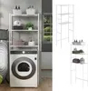 A white metal shelving unit is placed over a washing machine, with various laundry and bathroom items on the shelves. Náhled obrázku produktu