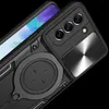 Close-up of a black phone case with rose gold accents, showing the camera protection and ring stand. Produktbild-Vorschau