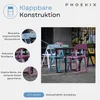 A collage showcasing colorful foldable chairs and a table, with callouts highlighting features like the backrest, seat, and legs. Produktbild-Vorschau