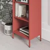A close-up shot of a red bookshelf with books and a glass on one shelf. Náhľad obrázku produktu