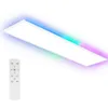 A white rectangular LED panel light with RGB backlight and a white remote control. Produktbild-Vorschau