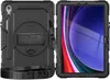 A black tablet case with a stand and strap, shown from the front and back, next to a tablet with a colorful screen. Produktbild-Vorschau