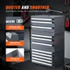 A close-up marketing image of a gray metal organizer with multiple drawers, featuring text overlays highlighting its features. Podgląd zdjęcia produktu