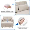 A collage of images showing details of a beige sofa bed, including its cushions, foam support, and overall structure. Voir les images du produit