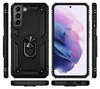 Multiple views of a black phone case with a ring holder, showing the front, back, and sides, with a phone screen displayed in one view. Produktbild-Vorschau