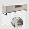 A beige TV cabinet with a black frame and a drawer, shown with a close-up detail of an open compartment. Produktbild-Vorschau