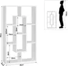 A diagram showing the dimensions of a white shelving unit, with a silhouette of a person for scale. Produktbild-Vorschau