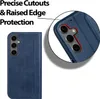A blue flip case for a Samsung Galaxy A56 5G phone is shown, with a close-up inset highlighting the camera cutouts and raised edge protection. Voir les images du produit