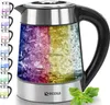 A main image of an electric kettle with colored lights, surrounded by smaller inset images of the kettle with different fill levels and colors. Produktbild-Vorschau