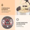 A collage of images showcasing features of a kitchen mixer, including its attachments, mixing action, and planetary stirring system. Produktbild-Vorschau