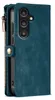 A teal-colored wallet-style phone case with a zipper and a snap closure is shown. Produktbild-Vorschau