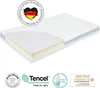 A cutaway view of a mattress showing its layers, with certification logos and text overlays. Produktbild-Vorschau