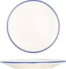 A white dessert plate with a blue rim, shown from two angles. Voir les images du produit