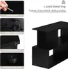 A black shelf unit with text and images highlighting its features. Produktbild-Vorschau