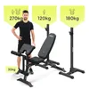 A man stands next to a black adjustable weight bench and a squat rack. Yellow speech bubbles with weight capacities are displayed above the man and the equipment. Náhľad obrázku produktu
