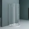 A modern shower cabin with glass doors and a white base, set against a teal wall. Produktbild-Vorschau