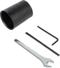 A black cylindrical adapter and two metal tools (a wrench and an Allen key) are arranged on a white background. Produktbild-Vorschau