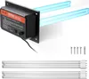 A UV-C air purifier unit with two blue glowing tubes, mounted on a black plate, with spare tubes and screws shown below. Produktbild-Vorschau