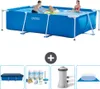A collage of an Intex rectangular frame swimming pool and its accessories. Produktbild-Vorschau