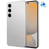 A silver Samsung Galaxy S24 FE smartphone is shown from a diagonal angle, with its back and side visible, and the screen displaying a blurred abstract image. Náhled obrázku produktu