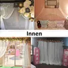 A collage of four images showing different decorative setups with white sheer curtains, floral arrangements, and baby shower decorations. Voir les images du produit