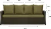 A front view of a three-seater sofa with green cushions and a brown woven base, with dimensions indicated by text and lines. Produktbild-Vorschau