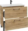 A wooden bathroom vanity with a white sink and a black faucet. Náhled obrázku produktu
