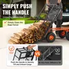 A person is using a garden cart to unload firewood. The image is split into two sections, showing the product's features. Produktbild-Vorschau
