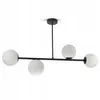 A black ceiling lamp with four white glass globes, suspended from a white background. Produktbild-Vorschau