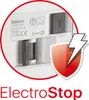 A close-up view of a white electrical device with text and symbols, overlaid with a red shield and lightning bolt graphic. Produktbild-Vorschau