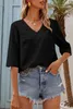 Damenmode Kurzarm-T-Shirt mit V-Ausschnitt, einfarbig, Produktbild-Vorschau 2