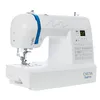 A white sewing machine with blue accents, shown from a side-angle against a white background. Produktbild-Vorschau