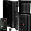 A black oil-filled radiator with a remote control and a second radiator unit in the background. Produktbild-Vorschau