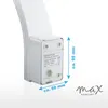 A close-up view of the back of a white LED outdoor light fixture, showing a label with product information and dimensions indicated by measurement lines. Produktbild-Vorschau