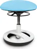 A studio shot of a blue and white adjustable stool.
