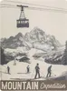 A vintage-style illustration of a mountain scene with a ski lift, mountains, a cabin, and skiers. Produktbild-Vorschau