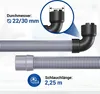 A close-up view of a flexible drain hose for a dishwasher, with diagrams indicating its dimensions and length. Produktbild-Vorschau
