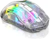 A transparent gaming mouse with RGB lighting is shown against a white background. Produktbild-Vorschau