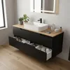 A modern bathroom vanity with a sink and faucet, featuring open drawers displaying toiletries. Anteprima dell’immagine prodotto
