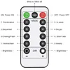 A remote control for LED string lights, showing buttons for power, timer, modes, brightness, and dimming. Produktbild-Vorschau