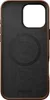 A close-up view of the back of a brown leather phone case with a black interior. Podgląd zdjęcia produktu
