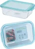 Two views of a rectangular glass food storage container with a light blue lid. Náhled obrázku produktu