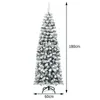 A tall, slender artificial Christmas tree with a flocked appearance, standing on a metal base. Dimensions are indicated by arrows and text. Podgląd zdjęcia produktu