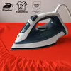 An iron is shown on a red sheet, with marketing icons and text above. Produktbild-Vorschau