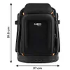 A black tool backpack with orange accents, shown from the front with dimensions indicated. Náhľad obrázku produktu