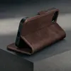A brown leather iPhone case is displayed on a dark gray surface. Produktbild-Vorschau
